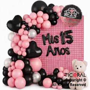 SET DE GLOBOS ARCO XL MIS 15 A�OS ROSA Y NEGRO MA 77 UNIDADES